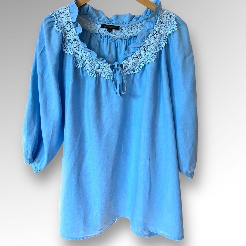 For Cynthia Womens Peasant Blouse Blue Long Sleeve Tie Keyhole Neck Linen